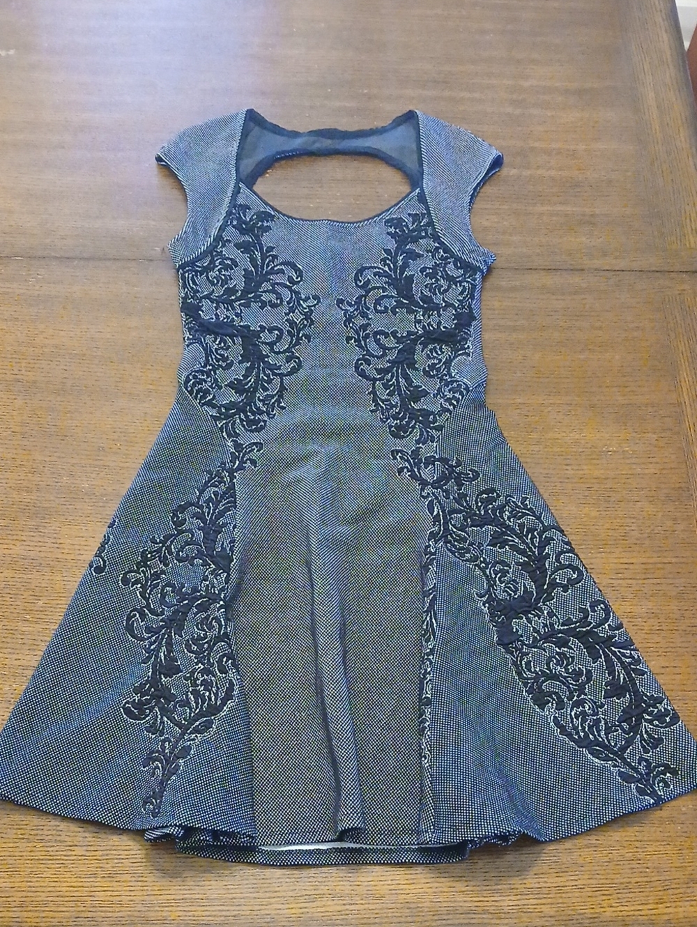 Hale Bob Black and Gray Embroidered Fit-&-Flare Mini Dress Made In USA